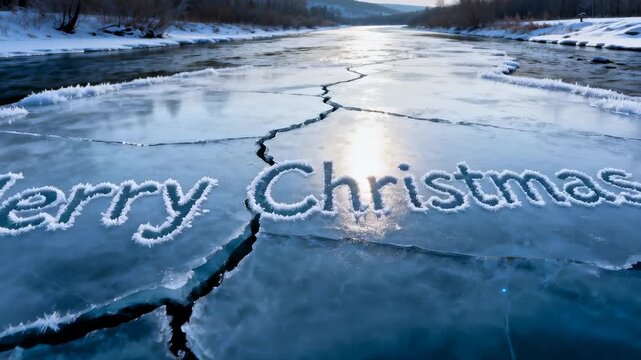 Panning camera revealing frozen river with frosty Merry Christmas" on ice