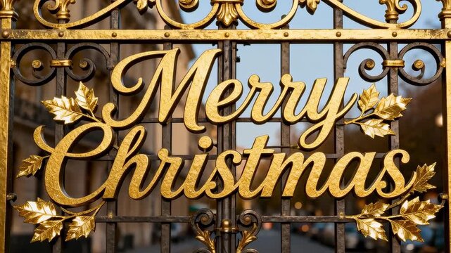 Pushing camera, focusing on gilded Merry Christmas sign on wrought-iron gate, emphasizing lettering