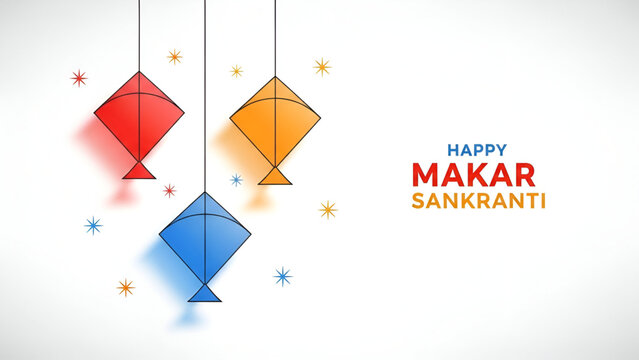 Makar Sankranti festival with colorful red orange blue kite patang design floating in bright cheerful atmosphere celebrating Indian tradition during Uttarayan season as joyful harvest celebration 