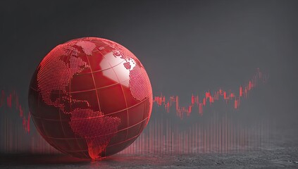 Glowing red globe with downturned stock chart, conveying global financial crisis
