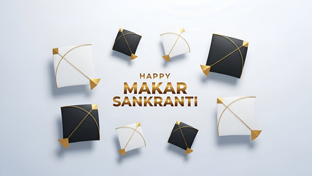 Makar Sankranti festival with elegant black and white kite patang design featuring gold accents in clean minimal style celebrating Indian tradition during Uttarayan season with bright festive atmosphe
