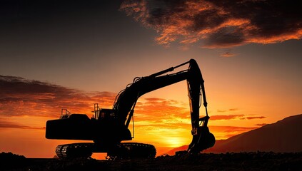 Silhouette of an excavator at sunset with dramatic sky and rolling hills