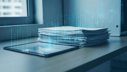 書類の山をデジタル化するペーパーレスDXのイメージ