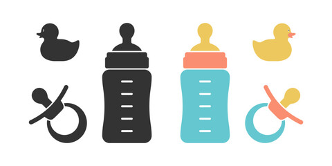 Baby items graphic icons set. Bottle, pacifier and toy duck symbols. Signs isolated on white background. Vector illustration
