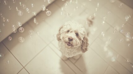 Whimsical Poodle in Bubble Wonderland: A joyous poodle gazes up, encircled by floating bubbles, captured in a moment of pure glee and playful enchantment.