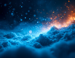 Magical abstract winter background with blue snow, orange sparkles, and cinematic bokeh lighting.