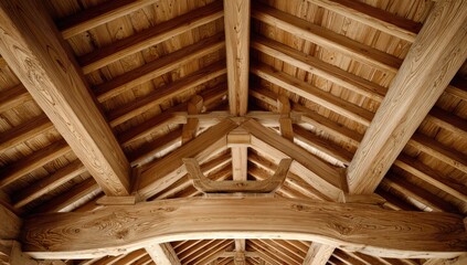 Intricate wooden roof structure with exposed beams and rafters
