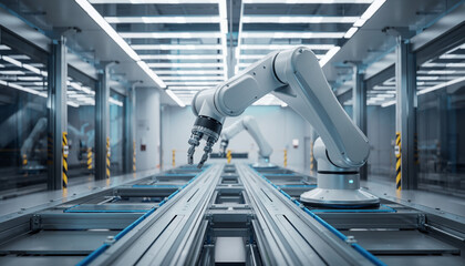 自動化ラインで稼働する工場用ロボットアーム