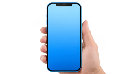 Hand holding modern smartphone with blank blue gradient screen, isolated on transparency background, technology concept, digital device, mobile communication, clean display, mockup for app design