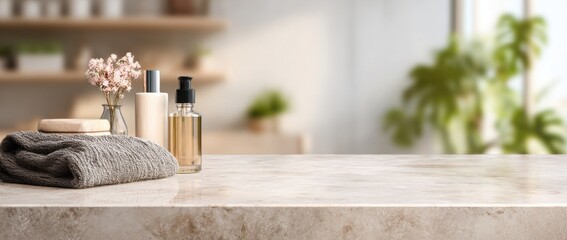 Luxury spa bathroom accessories on marble counter