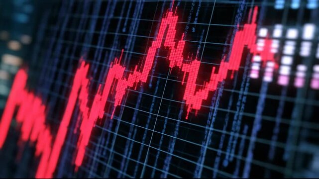 A digital stock market chart showcasing a fluctuating red graph.