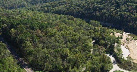 A Road Through Devil's Backbone Wilderness Area In The Mark Twain National Forest In Missouri, USA. Aerial Drone Shot