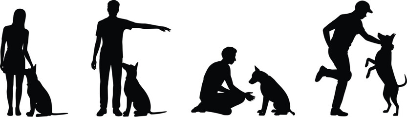 Dog training silhouettes, human interaction, pet obedience, canine behavior, playful bonding, dog commands, silhouette poses, training session, pet care, dog discipline, animal communication