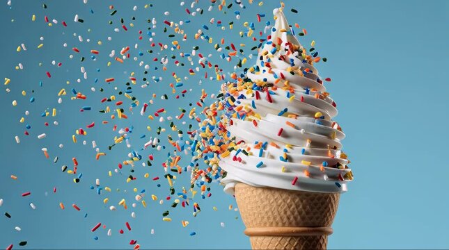 Soft-serve vanilla ice cream cone with colorful sprinkles exploding against a light blue background.