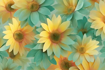 Soft yellow and teal daisy-like flowers bloom in a seamless, painterly pattern