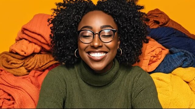 A smiling woman in a green sweater against a vibrant, cozy backdrop.