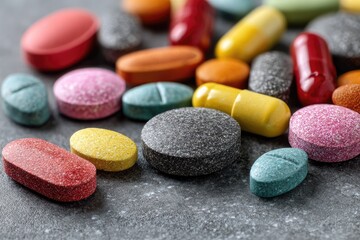 Assortment of colorful pills and capsules scattered on a grey surface