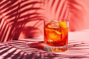 A vibrant cocktail in a glass, under palm shadows