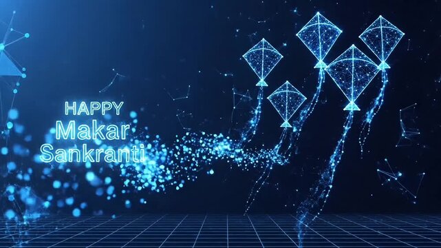 Makar Sankranti digital neon kite patang festival video motion animated footage animation showing futuristic glowing Indian celebration during Uttarayan season with bright technology inspired sky 