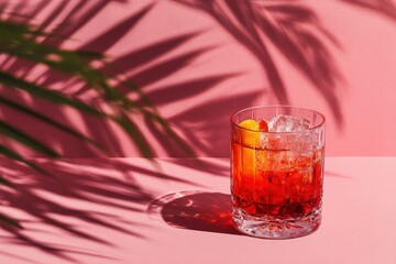 A vibrant cocktail in a glass,  shadowed by a tropical leaf