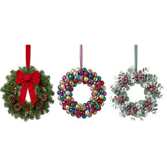 Set of Three Christmas Wreaths with Pine, Colorful Baubles, and Eucalyptus Berries