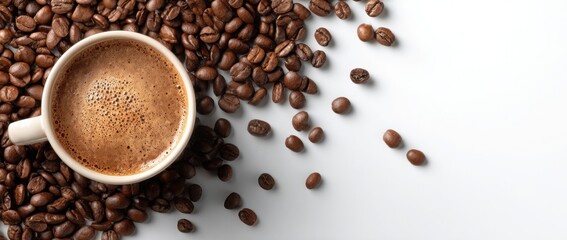 Top view of frothy coffee in a white mug on a clean white background. Perfect for cafes.