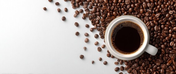 Top view of frothy coffee in a white mug on a clean white background. Perfect for cafes.