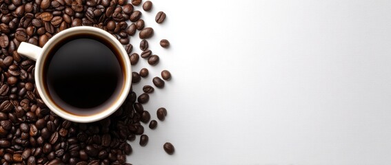 Top view of frothy coffee in a white mug on a clean white background. Perfect for cafes.