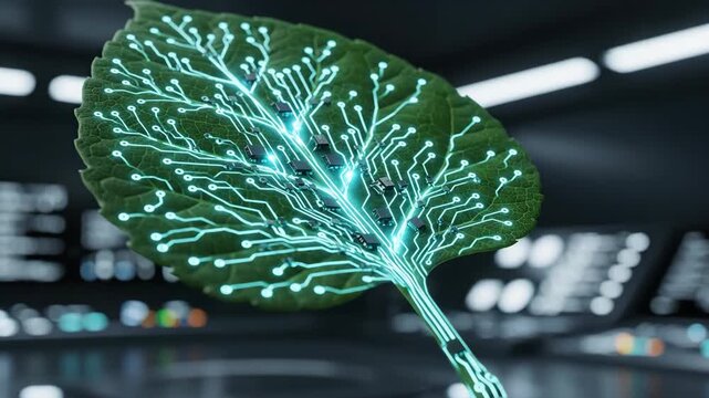 A green leaf with glowing blue circuitry and electronic components embedded