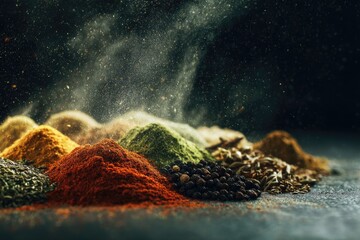 Vibrant mounds of colorful ground spices with powder suspended in air