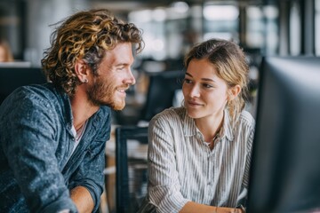 Man and woman working together at a computer screen in a modern office environment, engaged in a focused discussion or project.