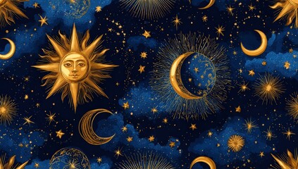 Celestial pattern with sun, moon, and stars