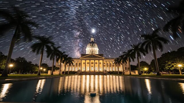 Nightscape Reflection: An imposing building under a spellbinding night sky, framed by swaying palms and mirrored in the tranquil water below, creating a scene of serene beauty.