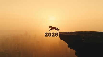 2026 Business Future Concept with Wide Sky Copy Space &ndash; Horse Leap Silhouette