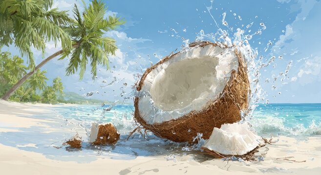 Refreshing coconut halves splash water on a tropical beach with palm trees
