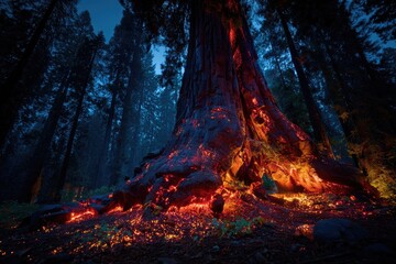 Ancient colossal tree glows with fiery roots in a dark, mystical forest