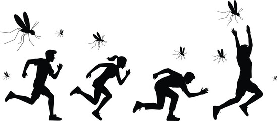 Mosquito chase, people running, insect panic, silhouette illustration, swarm escape, black vector, humor, outdoor nuisance, bug attack, funny pose
