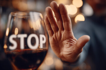 Dry January healthy lifestyle concept with hand gesture signaling stop to glass of red wine, promoting sobriety and wellness during new year in warm indoor setting