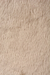 A close-up vertical shot of a textured beige faux fur or shaggy wool material