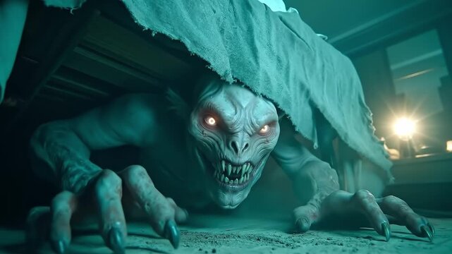 A creepy creature hiding under a bed in a dark room
