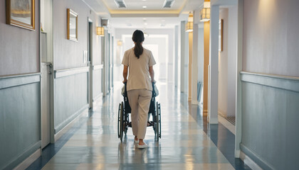 介護施設の廊下で車椅子を押す介護士の後ろ姿