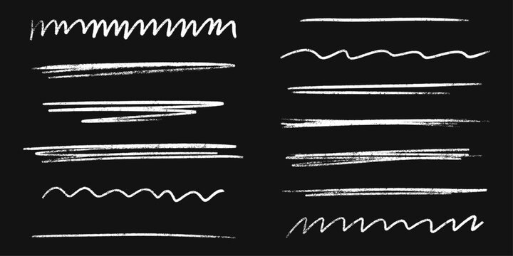 Underline stroke set with pencil, chalk and brush textures. Hand drawn crayon pen sketches of doodle emphasis marks, highlights and scribble elements. Vector collection for creative design projects.