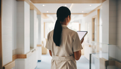 タブレットで記録を確認する介護士の施設内巡回