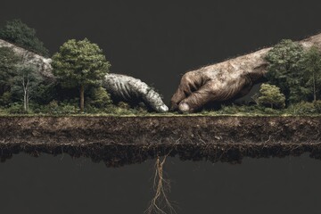 Nature's connection hands holding earth, roots grounding