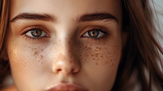 A beautiful young lady with striking brown eyes gazing into the camera. Freckled complexion adds charm to her appearance.