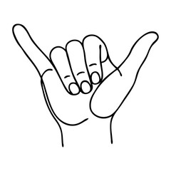 Logo club de surf. Dibujo sencillo con línea continua de mano con señal shaka. Mano con símbolo hang loose © teracreonte