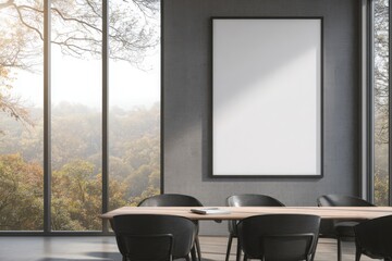 Dark modern dining room with forest view and minimalist decor