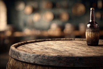 Wooden barrel table, blurred tavern background