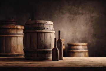Aged wooden barrels and bottles on a rustic table