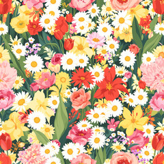 Obraz premium A vibrant and colorful illustration of a dense garden filled with a variety of blooming flowers, including daisies, tulips, roses, and poppies, set against a lush green background.